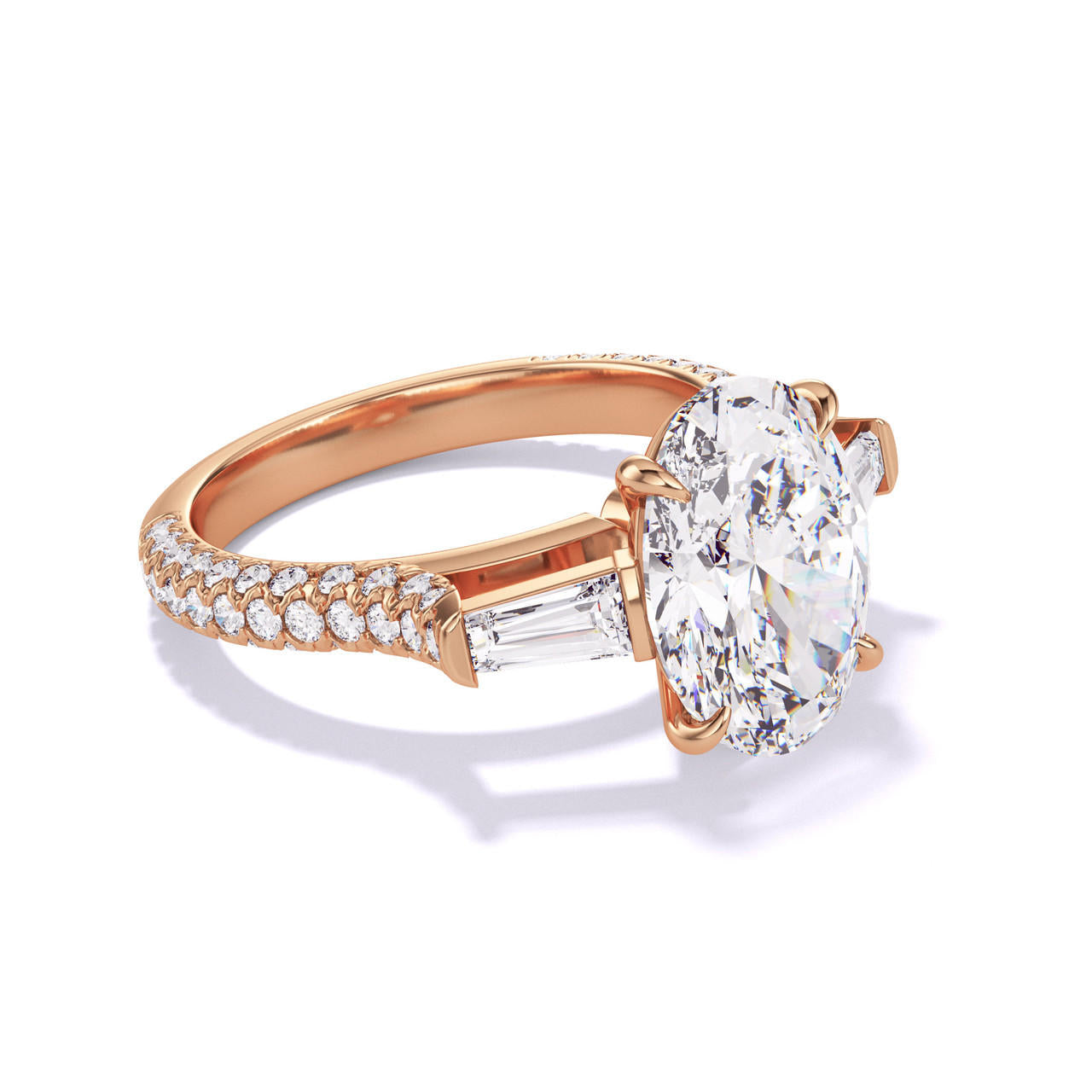 Rose Gold Oval Engagement Ring with a Baguette Flank Three Phases Pave Setting