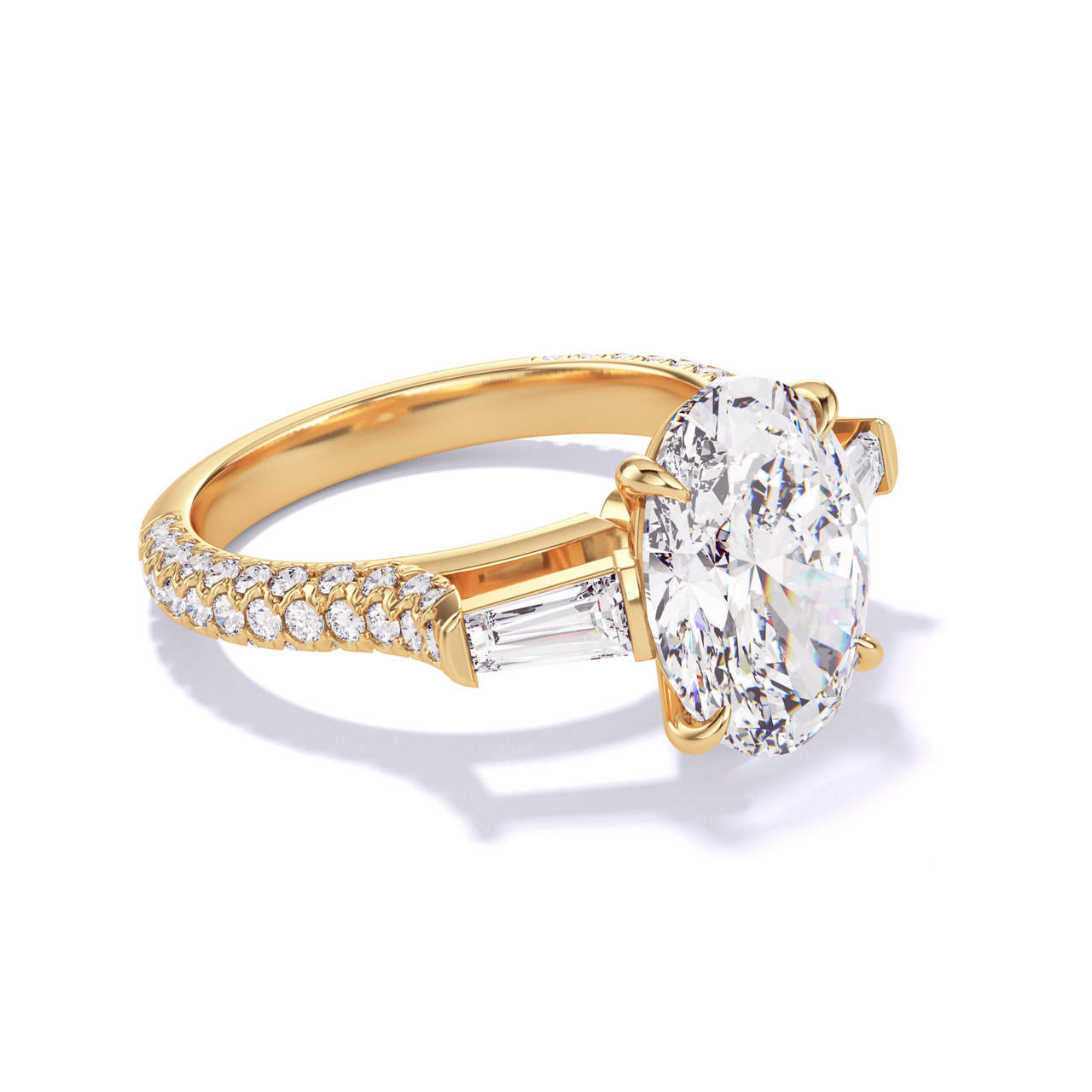 OVAL CUT DIAMOND ENGAGEMENT RING WITH A BAGUETTE FLANK THREE PHASES TRIPLE PAVE SETTING IN 18K YELLOW GOLD