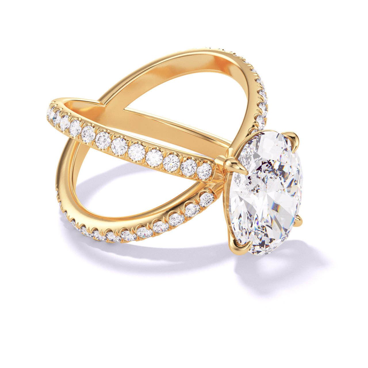 Gold Oval Engagement Ring with a Classic 4 Prong Axis Pave Setting