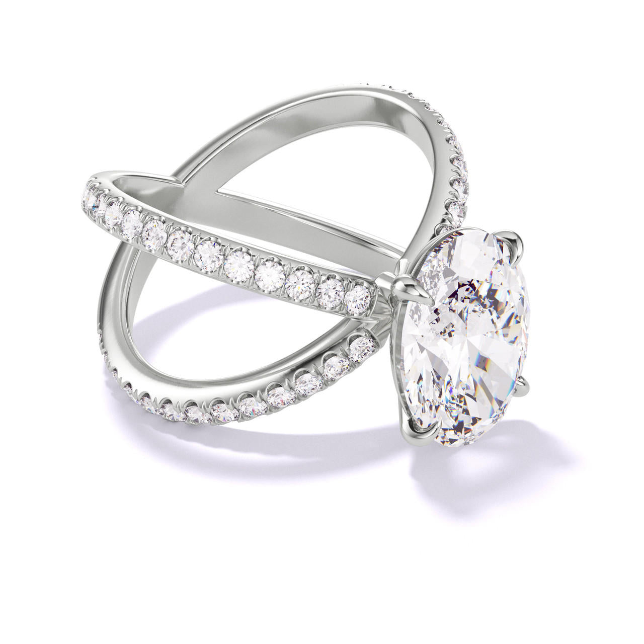 OVAL CUT DIAMOND ENGAGEMENT RING WITH A CLASSIC 4 PRONG AXIS PAVE SETTING IN PLATINUM