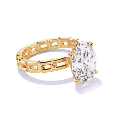 OVAL CUT DIAMOND ENGAGEMENT RING WITH A CLASSIC 4 PRONG 16 LINKS SETTING IN 18K YELLOW GOLD