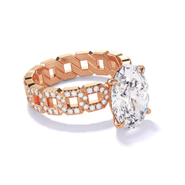 Angled view of the Oval Cut Diamond Engagement Ring with a Classic 4 Prong 16 Pavé Links Setting in 18K rose gold.