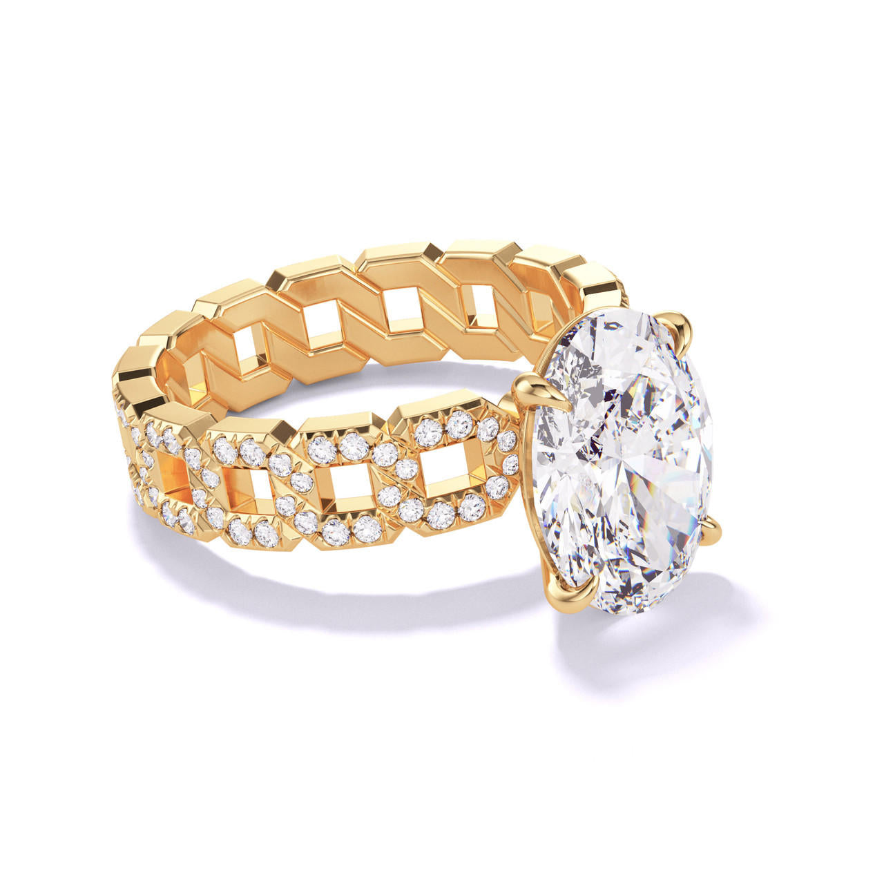 OVAL CUT DIAMOND ENGAGEMENT RING WITH A CLASSIC 4 PRONG 16 PAVE LINKS SETTING IN 18K YELLOW GOLD