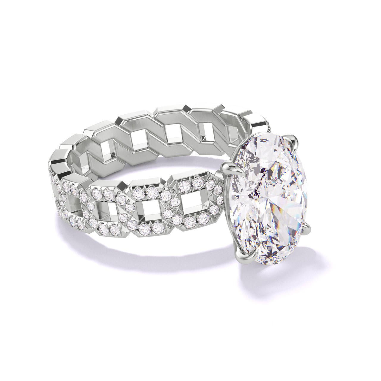 Platinum Oval Engagement Ring with a Classic 4 Prong 16 Link Pave Setting