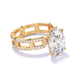 18K yellow gold engagement ring by Lindsey Scoggins Studio, featuring an oval diamond and a half-pavé chain link band.