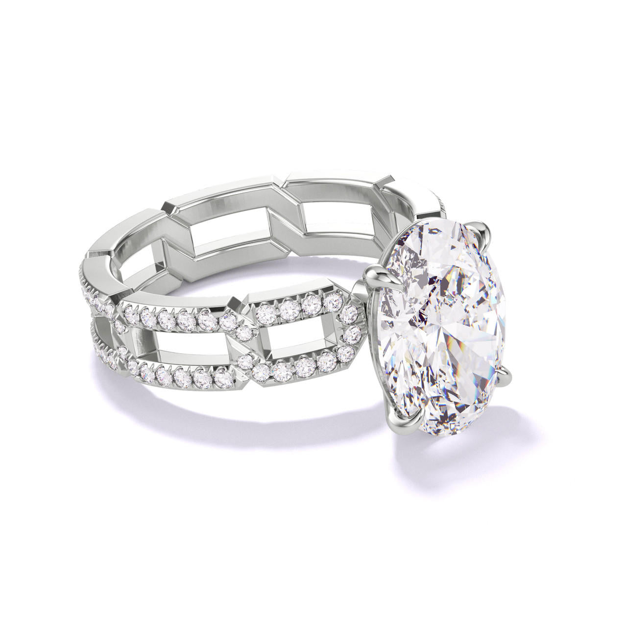 OVAL CUT DIAMOND ENGAGEMENT RING WITH A CLASSIC 4 PRONG 8 PAVE LINKS SETTING IN PLATINUM