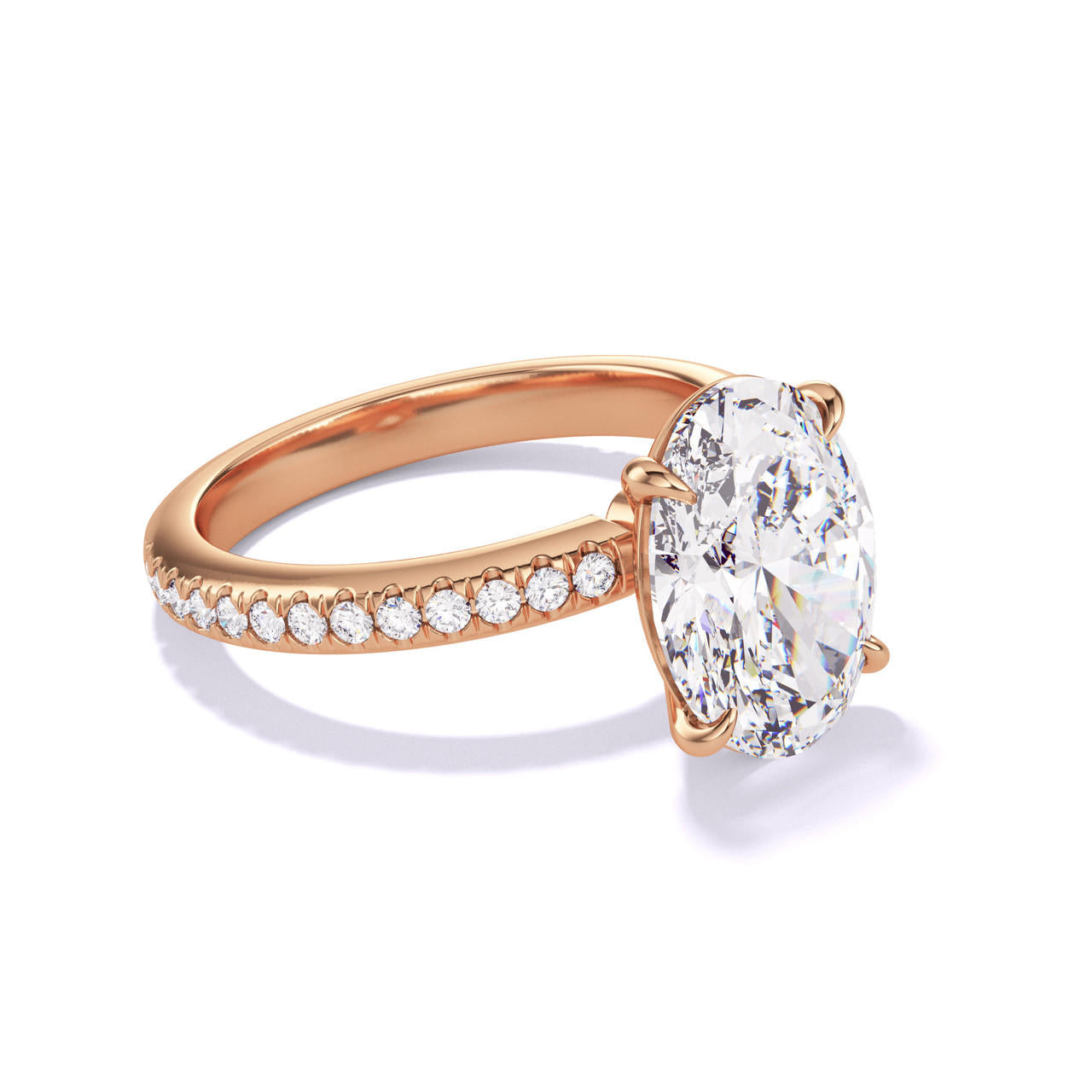 Rose Gold Oval Engagement Ring with a Classic 4 Prong Three Phases Pave Setting