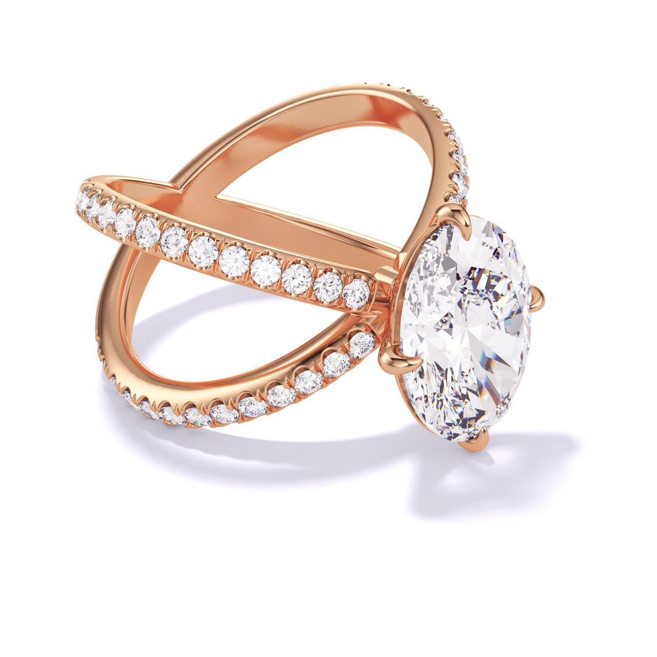 OVAL CUT DIAMOND ENGAGEMENT RING WITH A COMPASS 4 PRONG AXIS PAVE SETTING IN 18K ROSE GOLD