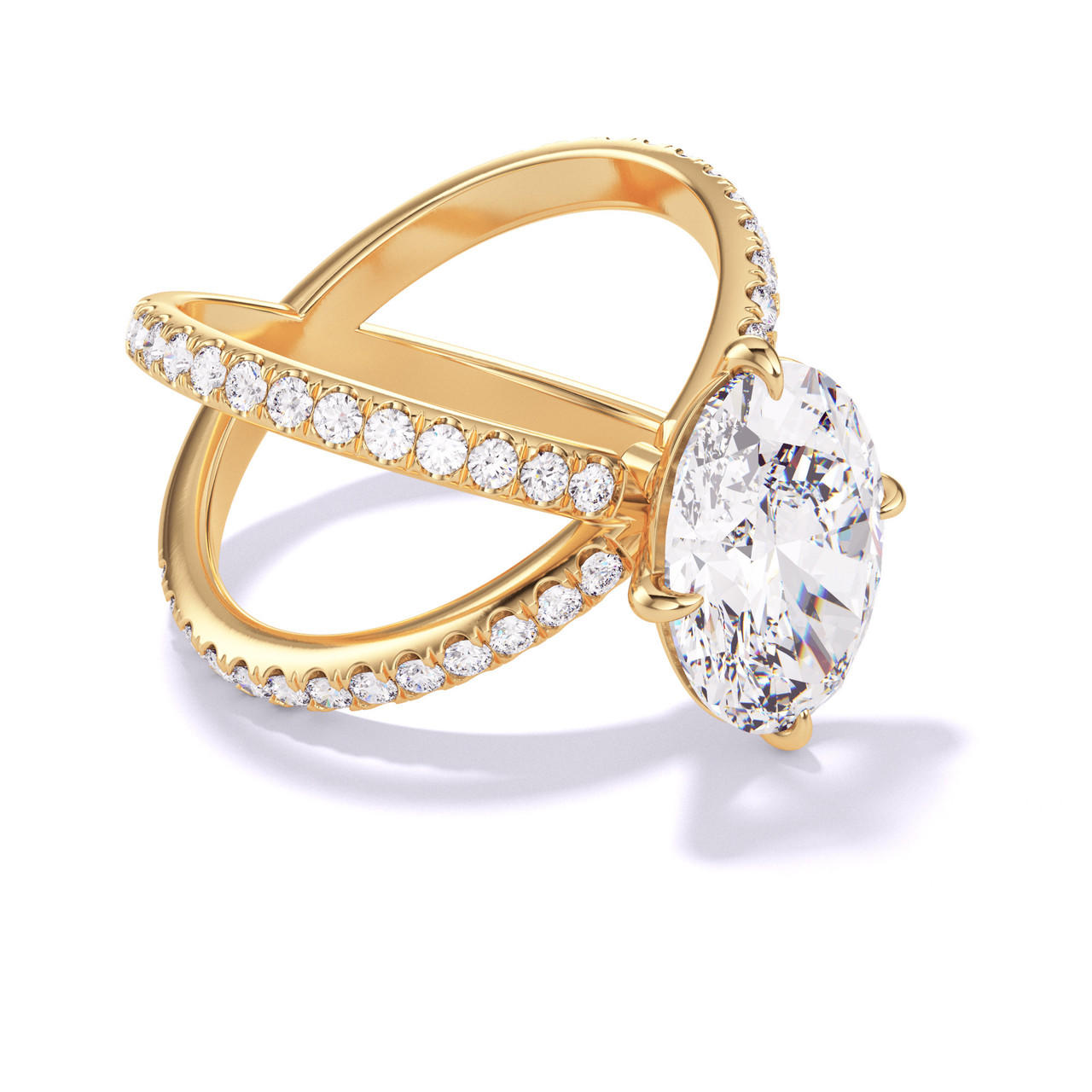 OVAL CUT DIAMOND ENGAGEMENT RING WITH A COMPASS 4 PRONG AXIS PAVE SETTING IN 18K YELLOW GOLD