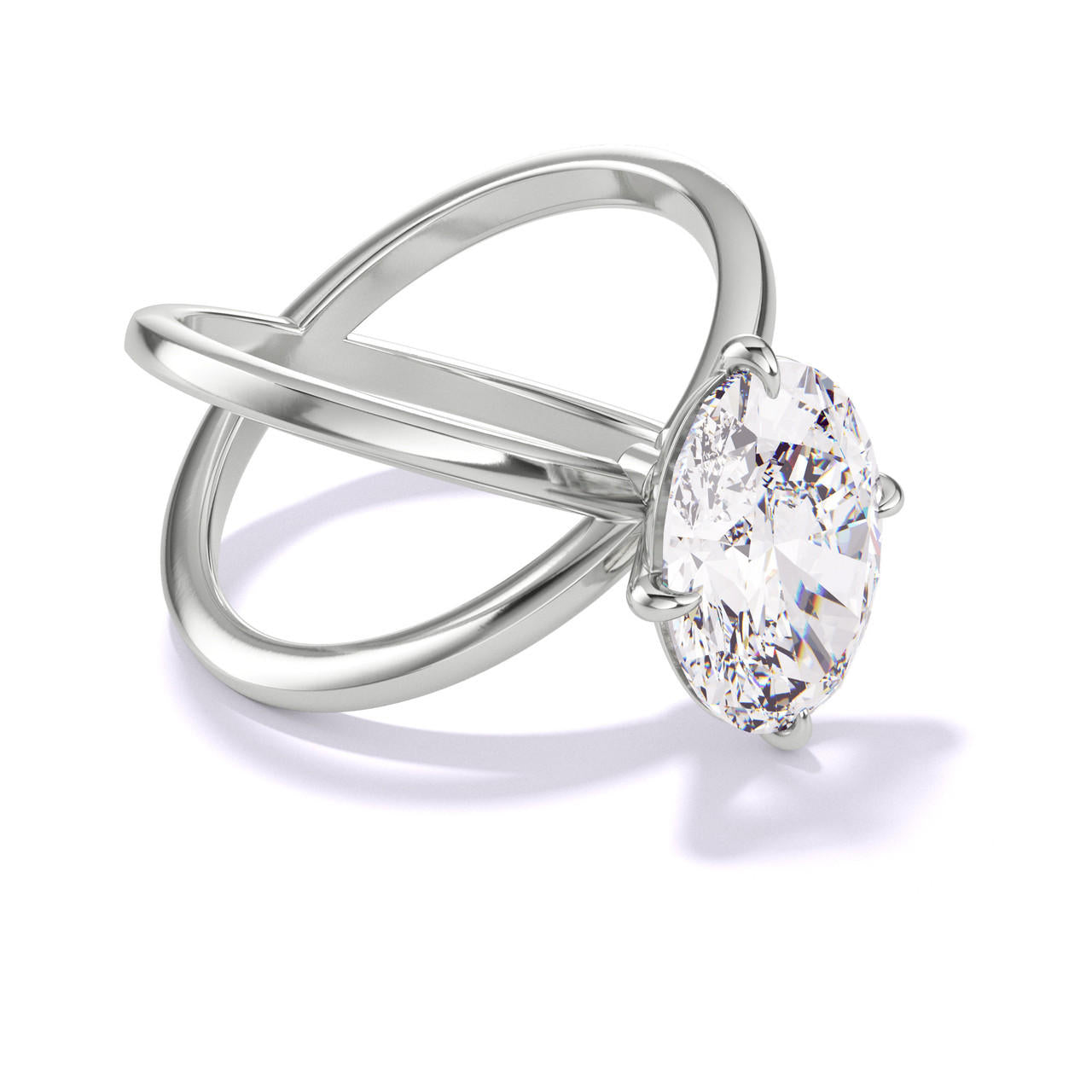 OVAL CUT DIAMOND ENGAGEMENT RING WITH A COMPASS 4 PRONG AXIS SETTING IN PLATINUM