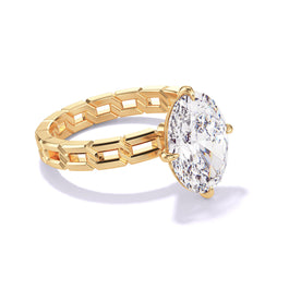 Angled view of an 18K Yellow Gold Engagement Ring, featuring an oval-cut diamond with a compass 4-prong and 16 links setting.