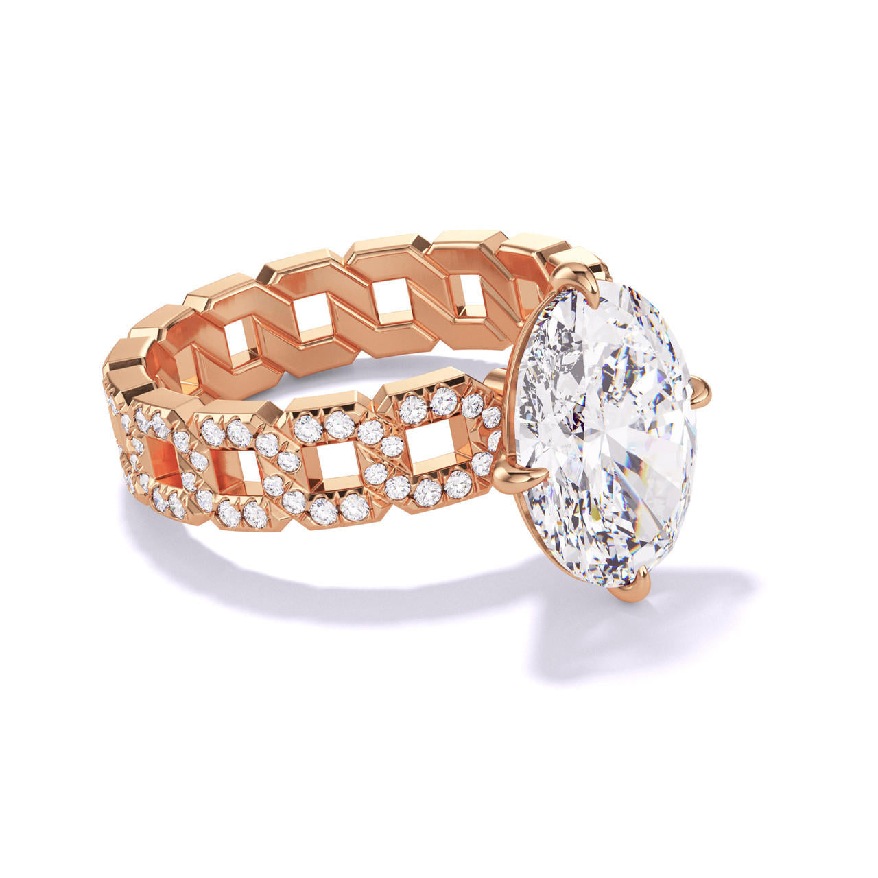 OVAL CUT DIAMOND ENGAGEMENT RING WITH A COMPASS 4 PRONG 16 PAVE LINKS SETTING IN 18K ROSE GOLD