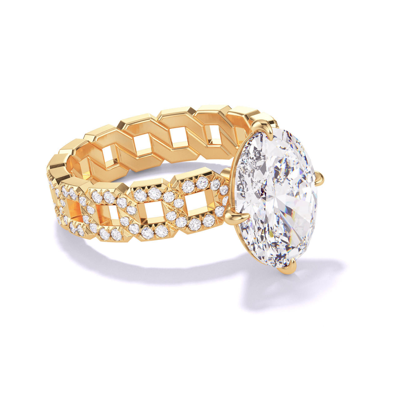  Gold Oval Engagement Ring with a Compass 4 Prong 16 Link Pavé Setting