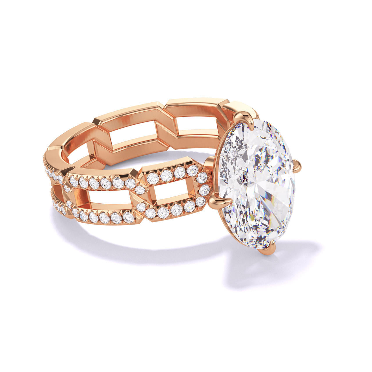 Rose Gold Oval Engagement Ring with a Compass 4 Prong 8 Link Pave Setting 