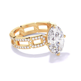 Oval Cut Diamond Engagement Ring by Lindsey Scoggins, featuring a compass 4 prong 8 pave link setting in 18k yellow gold.
