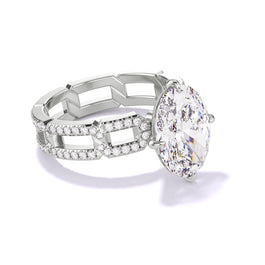 A striking platinum Oval Cut Diamond Engagement ring, highlighting the distinct geometric structure of its half-pavé chain links setting.
