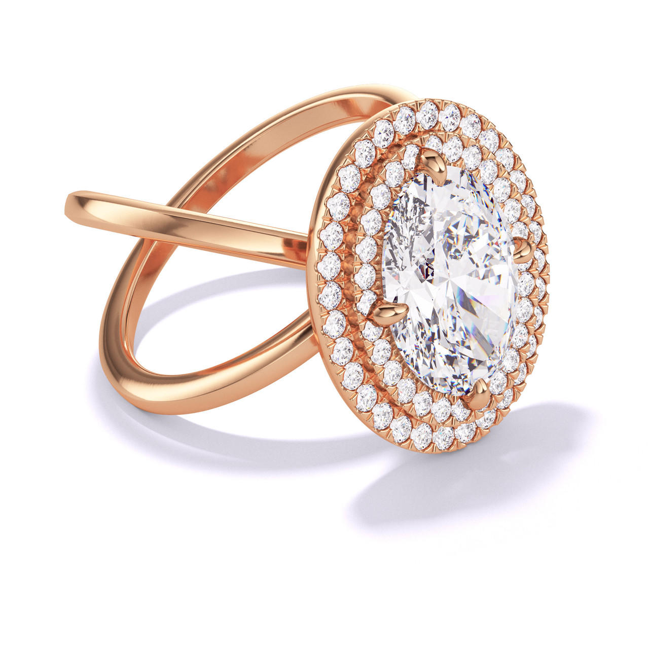 OVAL CUT DIAMOND ENGAGEMENT RING WITH A DOUBLE HALO AXIS SETTING IN 18K ROSE GOLD