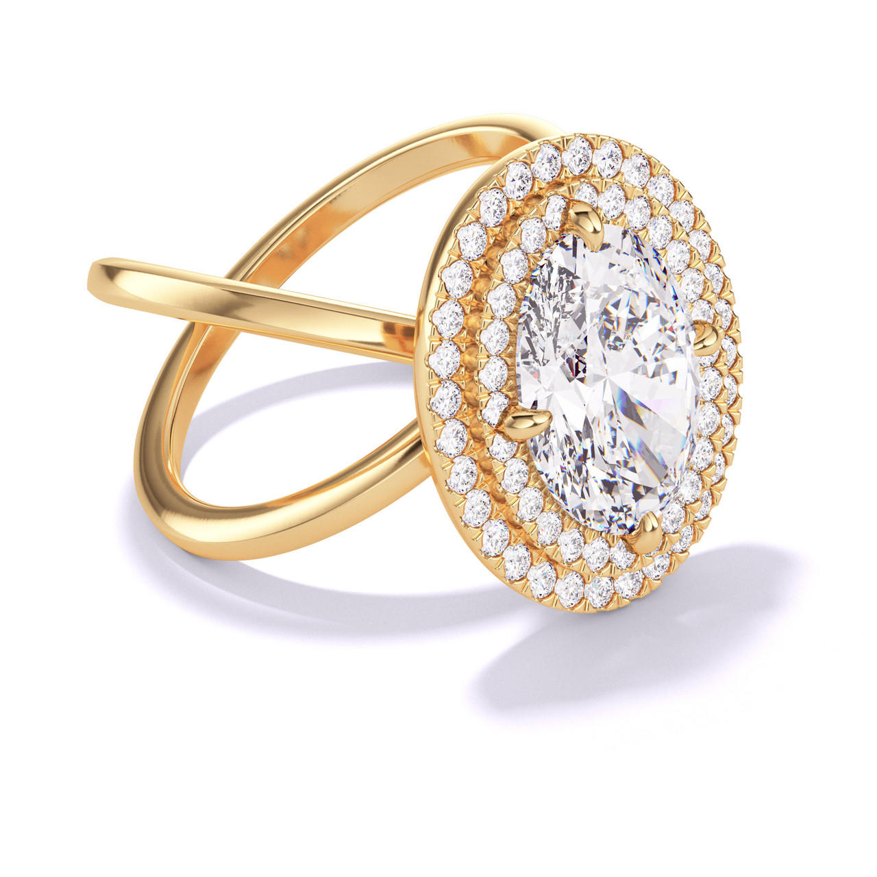 OVAL CUT DIAMOND ENGAGEMENT RING WITH A DOUBLE HALO AXIS SETTING IN 18K YELLOW GOLD