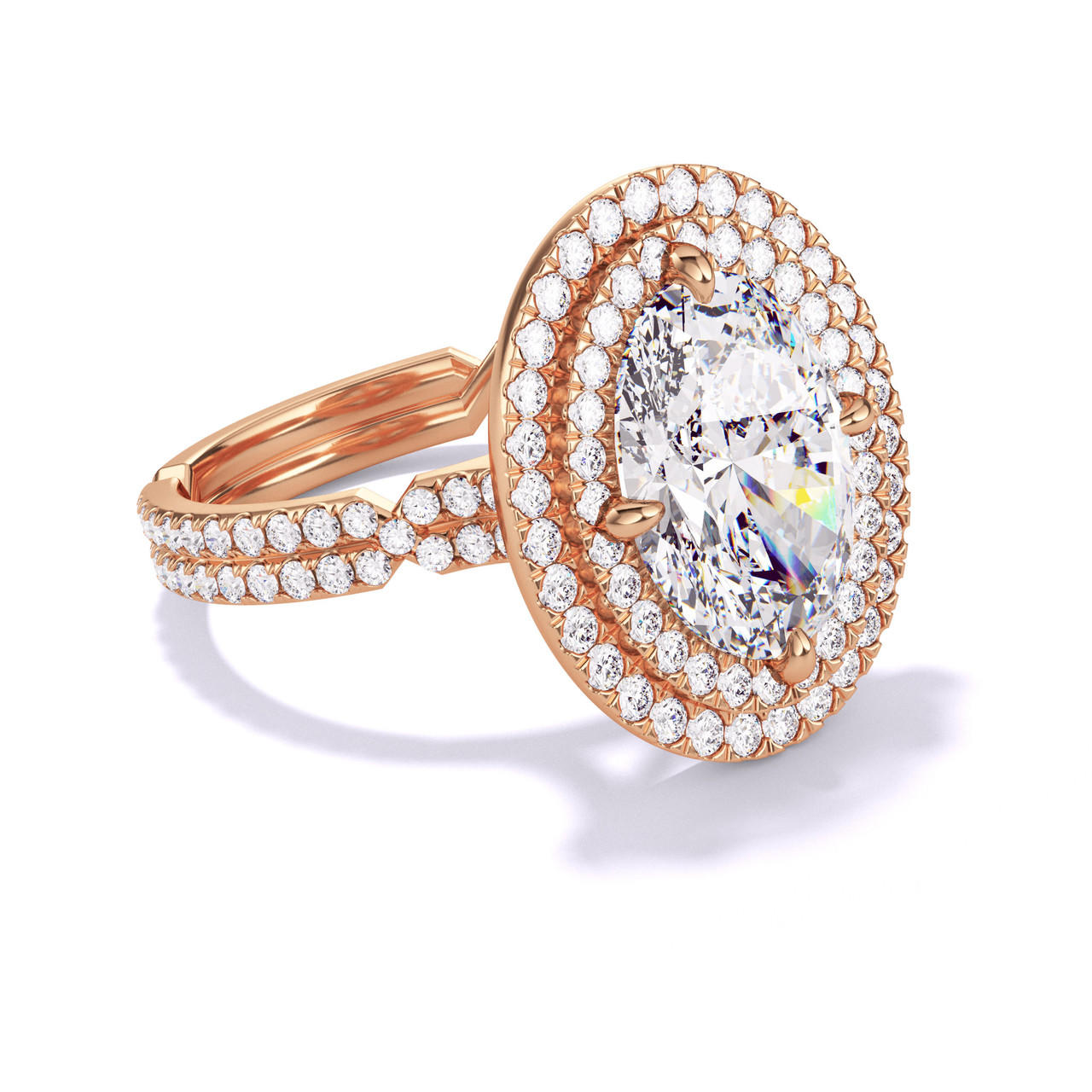 OVAL CUT DIAMOND ENGAGEMENT RING WITH A DOUBLE HALO CHANCE PAVE SETTING IN 18K ROSE GOLD