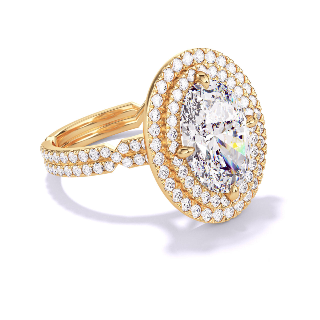 OVAL CUT DIAMOND ENGAGEMENT RING WITH A DOUBLE HALO CHANCE PAVE SETTING IN 18K YELLOW GOLD