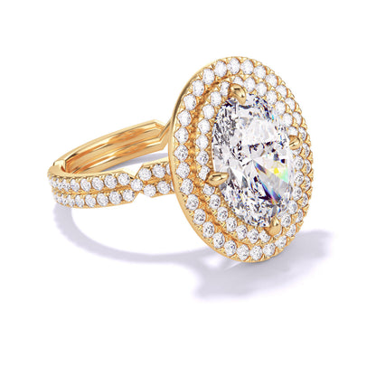 OVAL CUT DIAMOND ENGAGEMENT RING WITH A DOUBLE HALO CHANCE PAVE SETTING IN 18K YELLOW GOLD