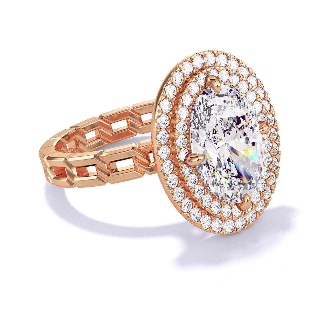 OVAL CUT DIAMOND ENGAGEMENT RING WITH A DOUBLE HALO 16 LINKS SETTING IN 18K ROSE GOLD