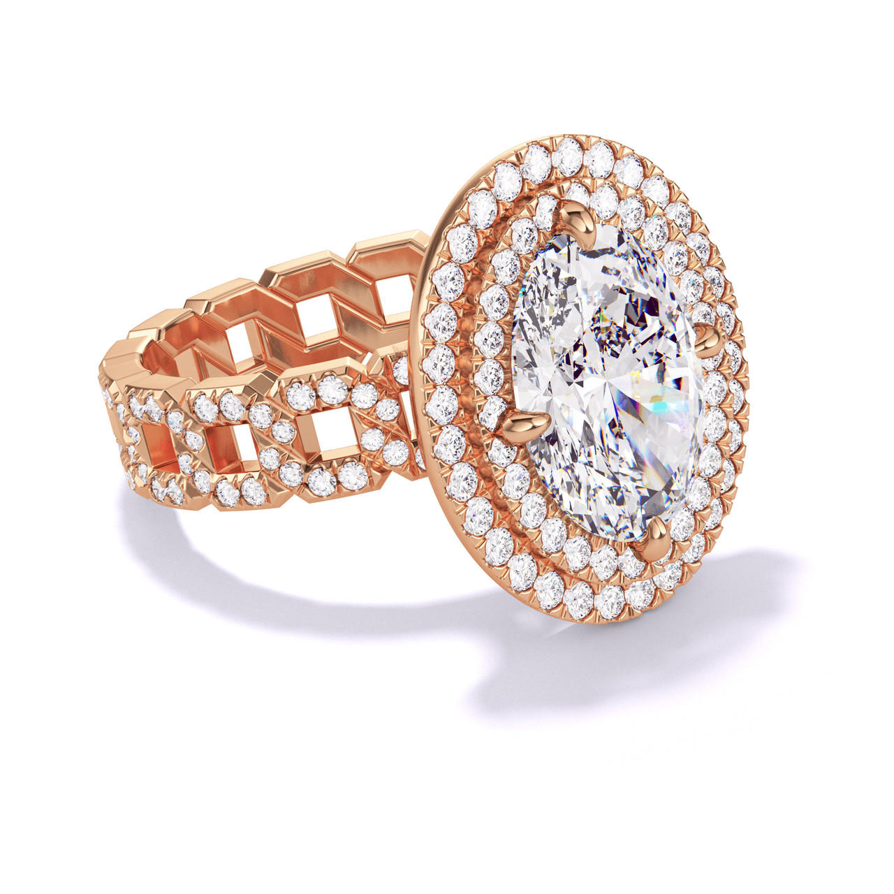 OVAL CUT DIAMOND ENGAGEMENT RING WITH A DOUBLE HALO 16 PAVE LINKS SETTING IN 18K ROSE GOLD