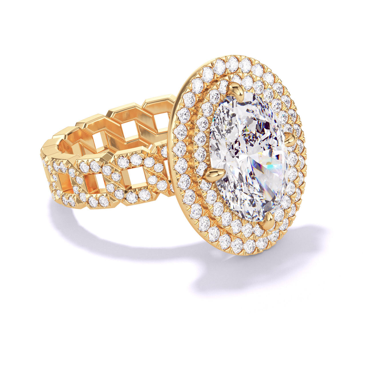 OVAL CUT DIAMOND ENGAGEMENT RING WITH A DOUBLE HALO 16 PAVE LINKS SETTING IN 18K YELLOW GOLD