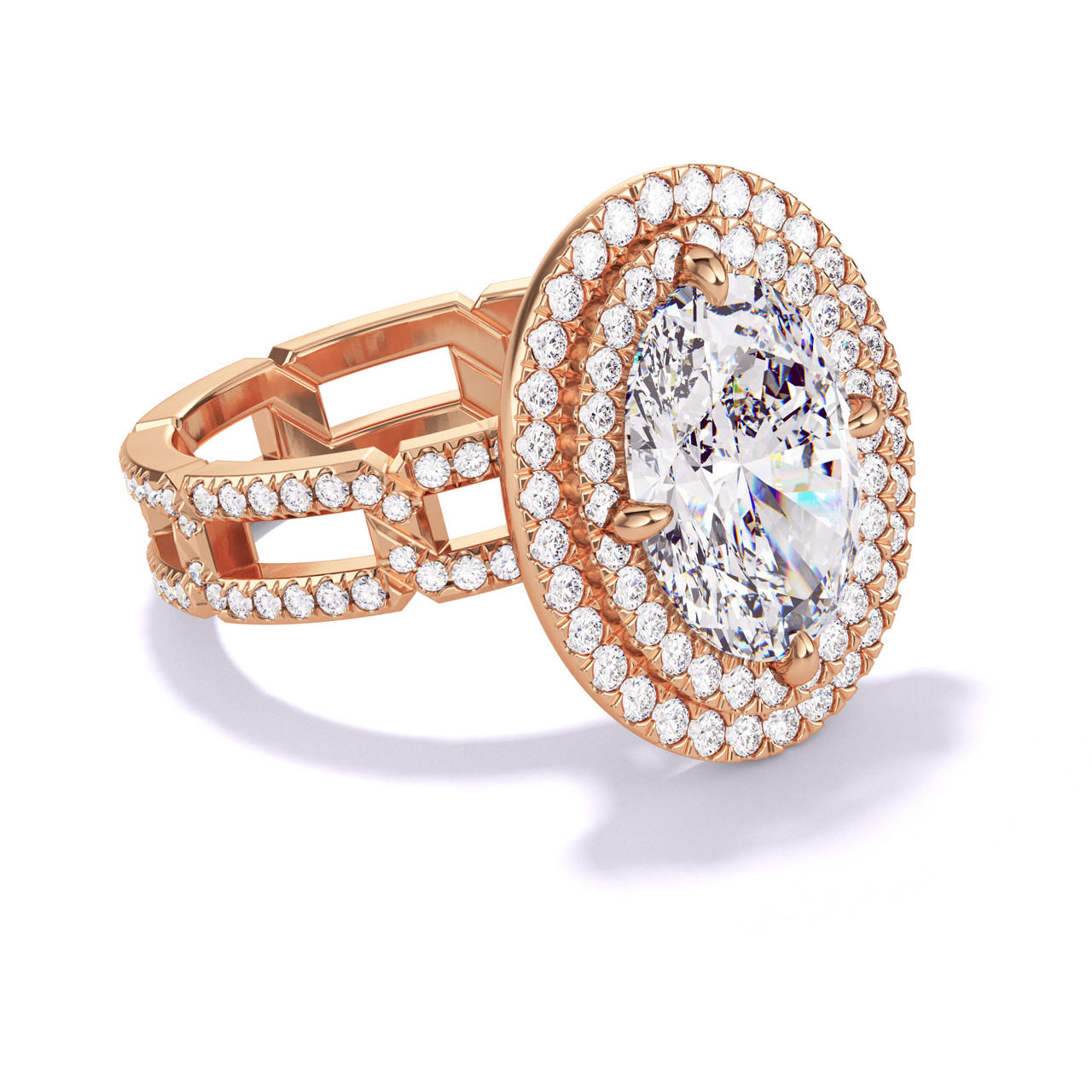 OVAL CUT DIAMOND ENGAGEMENT RING WITH A DOUBLE HALO 8 PAVE LINKS SETTING IN 18K ROSE GOLD