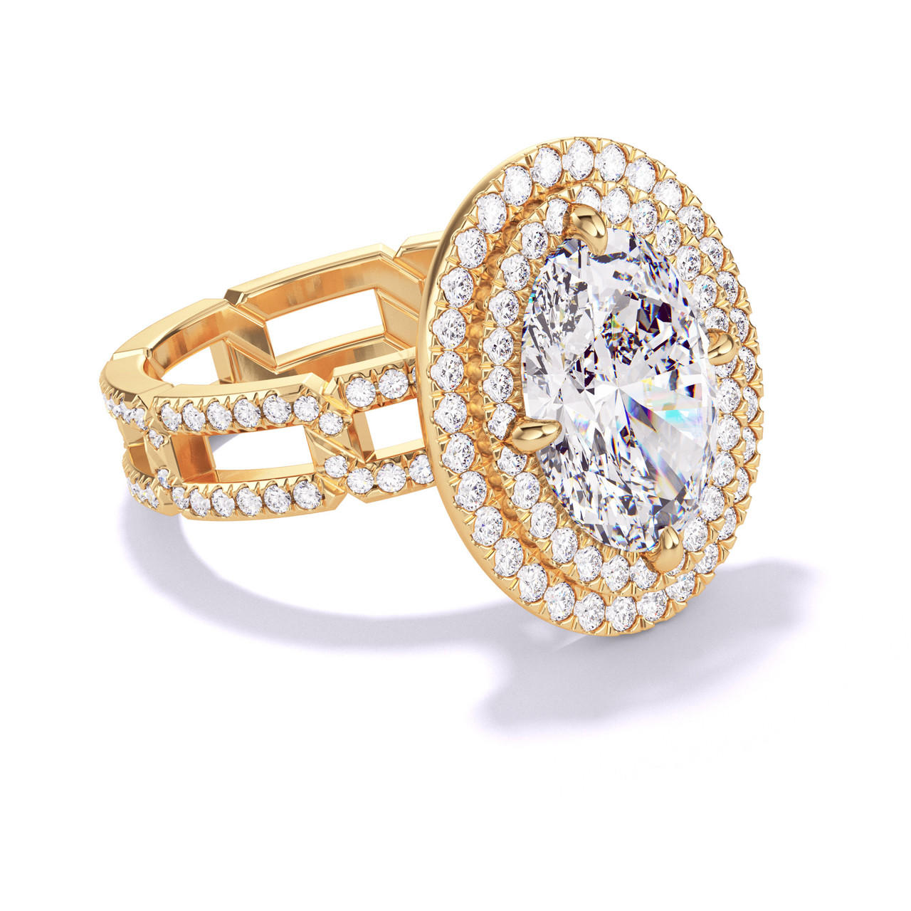 OVAL CUT DIAMOND ENGAGEMENT RING WITH A DOUBLE HALO 8 PAVE LINKS SETTING IN 18K YELLOW GOLD