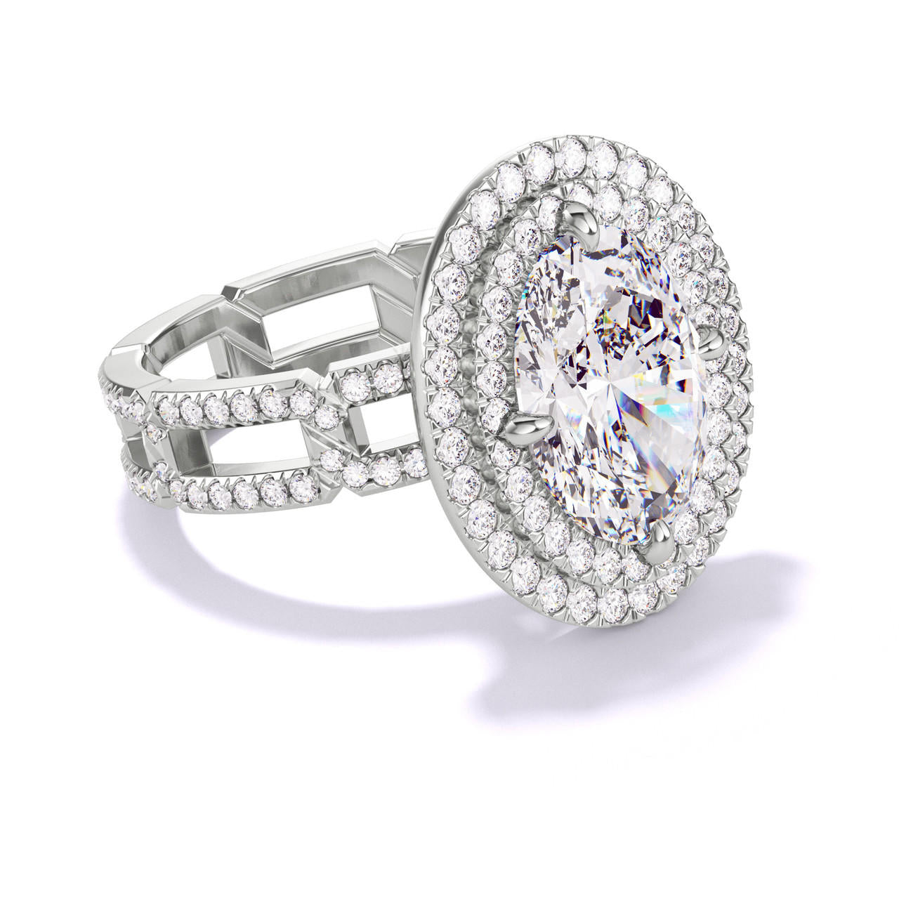 OVAL CUT DIAMOND ENGAGEMENT RING WITH A DOUBLE HALO 8 PAVE LINKS SETTING IN PLATINUM