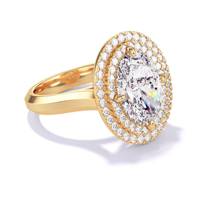 OVAL CUT DIAMOND ENGAGEMENT RING WITH A DOUBLE HALO THREE PHASES SETTING IN 18K YELLOW GOLD