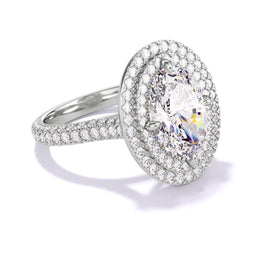 Platinum Oval Engagement Ring with a Double Halo Three Phases Pave Setting