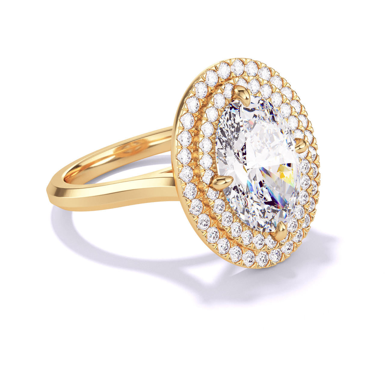 Gold Oval Engagement Ring with a Double Halo Slim Three Phases Setting