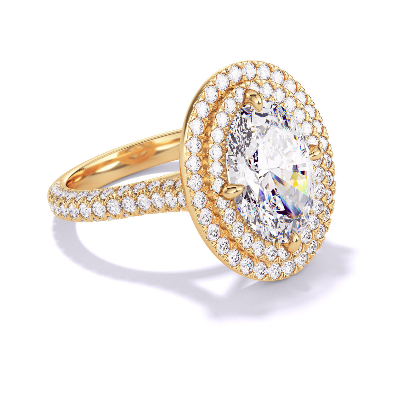 OVAL CUT DIAMOND ENGAGEMENT RING WITH A DOUBLE HALO THREE PHASES TRIPLE PAVE SETTING IN 18K YELLOW GOLD