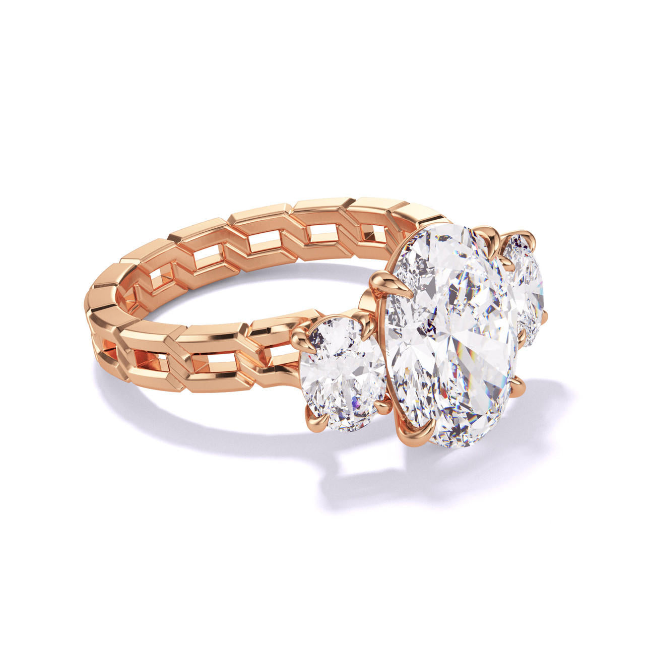 OVAL CUT DIAMOND ENGAGEMENT RING WITH A THREE STONE 16 LINKS SETTING IN 18K ROSE GOLD