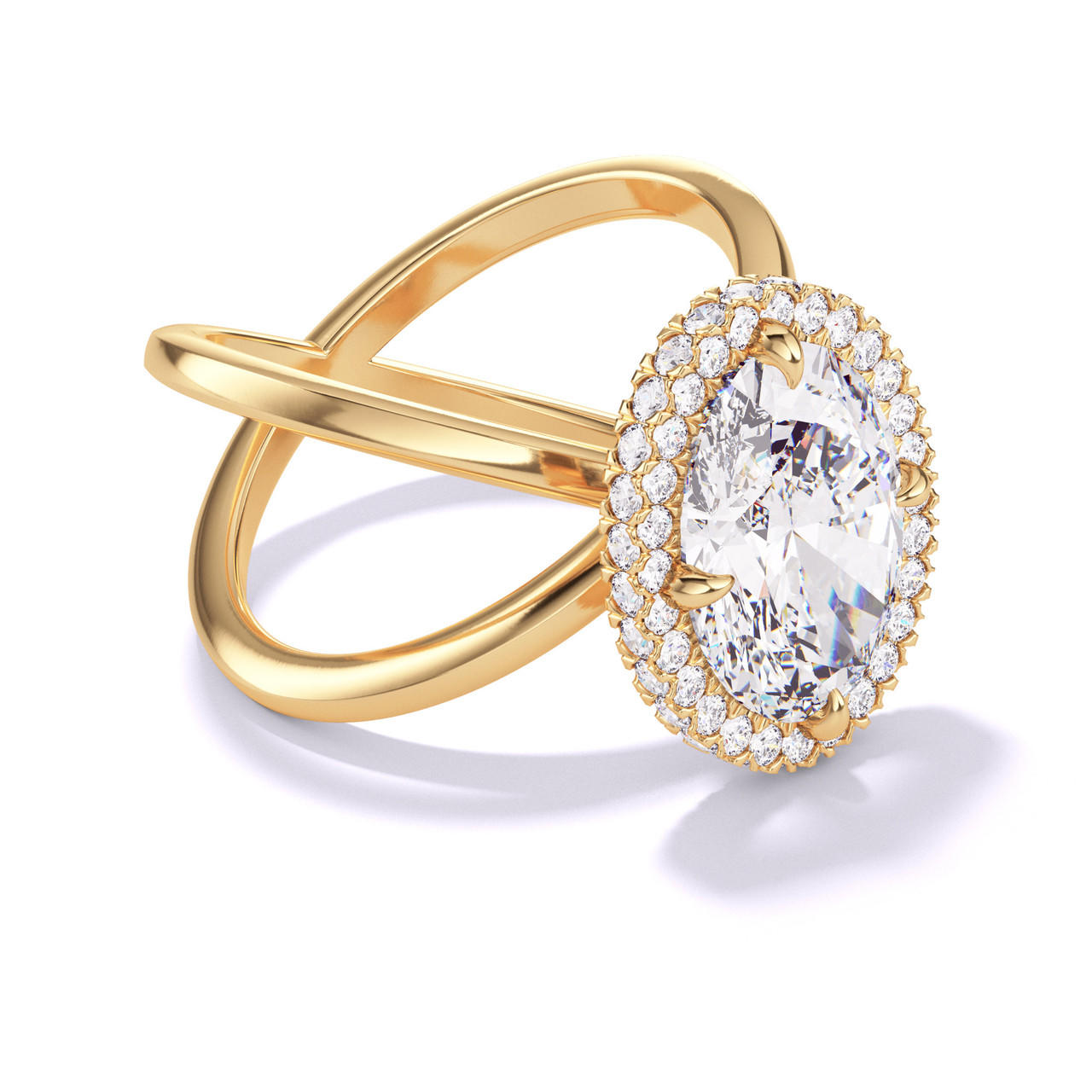 OVAL CUT DIAMOND ENGAGEMENT RING WITH A WRAPPED HALO AXIS SETTING IN 18K YELLOW GOLD