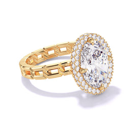 OVAL CUT DIAMOND ENGAGEMENT RING WITH A WRAPPED HALO 16 LINKS SETTING IN 18K YELLOW GOLD