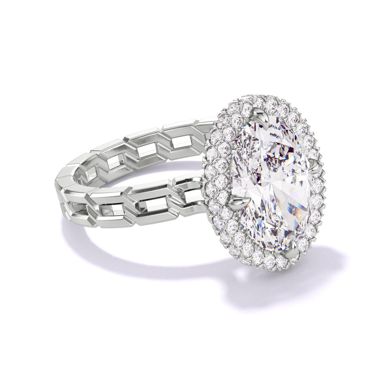 OVAL CUT DIAMOND ENGAGEMENT RING WITH A WRAPPED HALO 16 LINKS SETTING IN PLATINUM