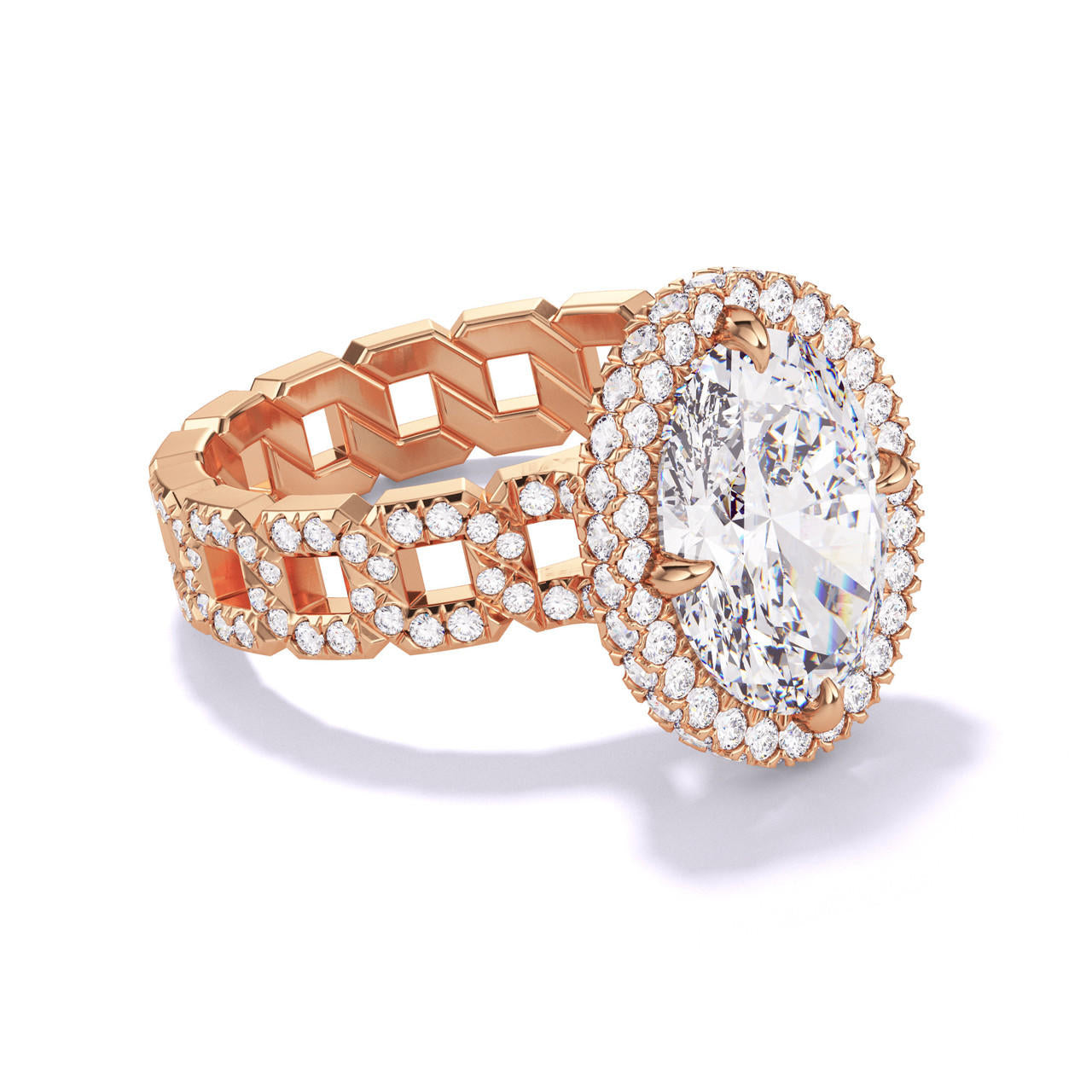 OVAL CUT DIAMOND ENGAGEMENT RING WITH A WRAPPED HALO 16 PAVE LINKS SETTING IN 18K ROSE GOLD