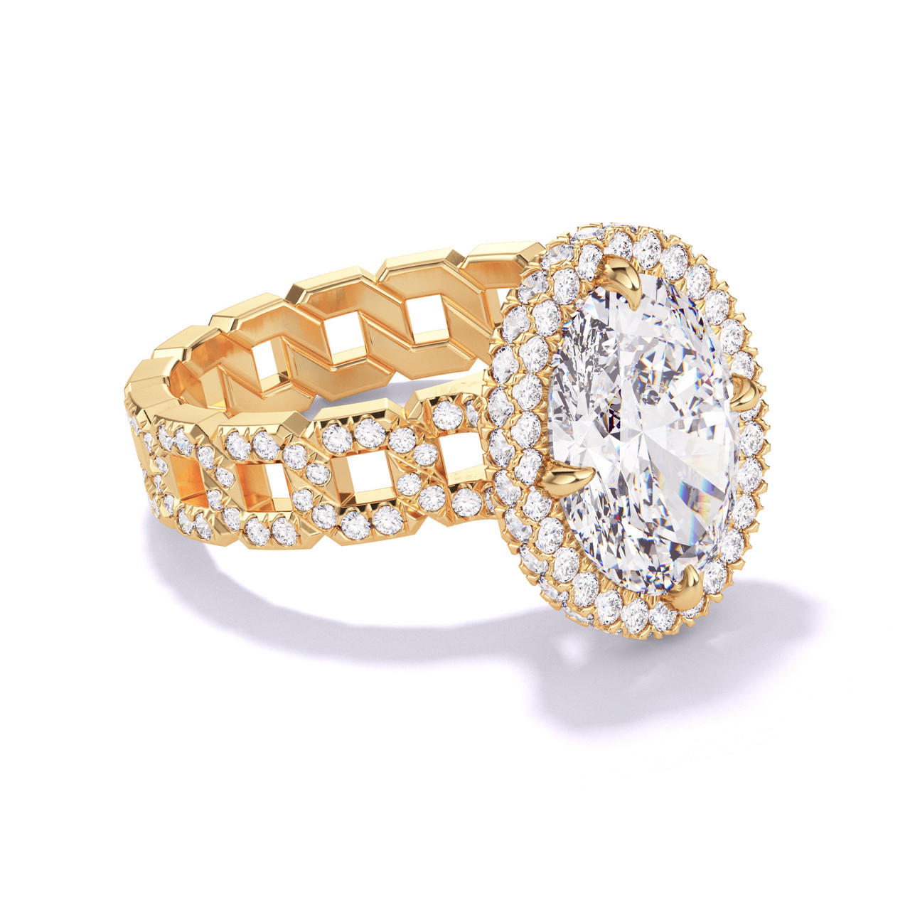 OVAL CUT DIAMOND ENGAGEMENT RING WITH A WRAPPED HALO 16 PAVE LINKS SETTING IN 18K YELLOW GOLD