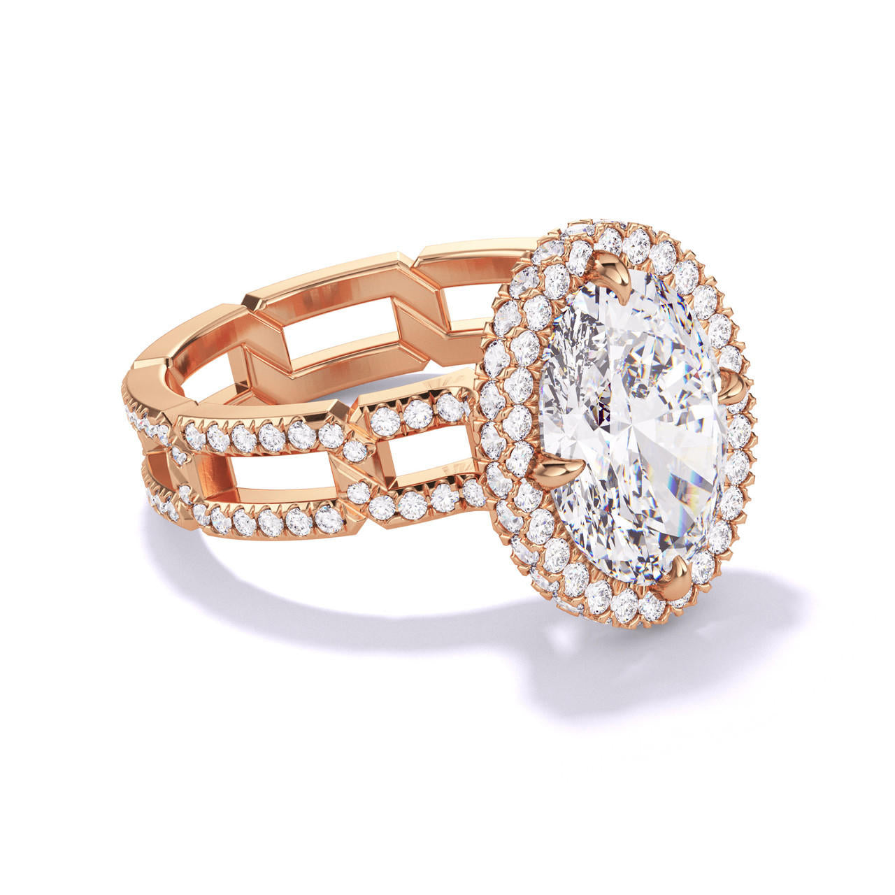 OVAL CUT DIAMOND ENGAGEMENT RING WITH A WRAPPED HALO 8 PAVE LINKS SETTING IN 18K ROSE GOLD