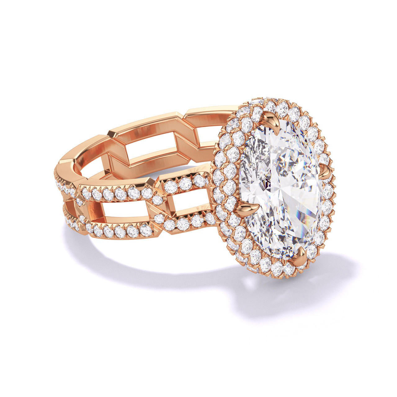Rose Gold Oval Engagement Ring with a Wrapped Halo 8 Link Pave Setting