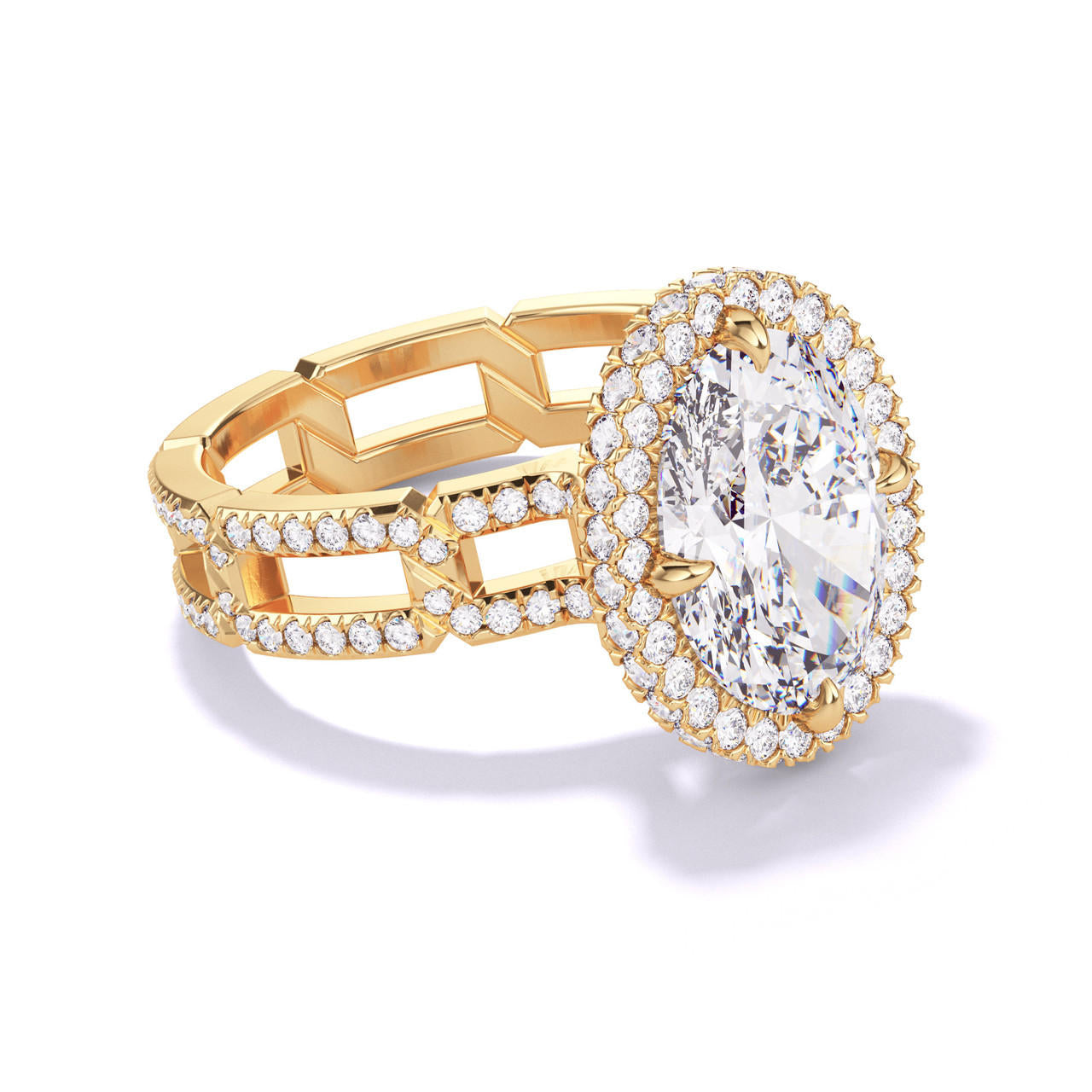 OVAL CUT DIAMOND ENGAGEMENT RING WITH A WRAPPED HALO 8 PAVE LINKS SETTING IN 18K YELLOW GOLD