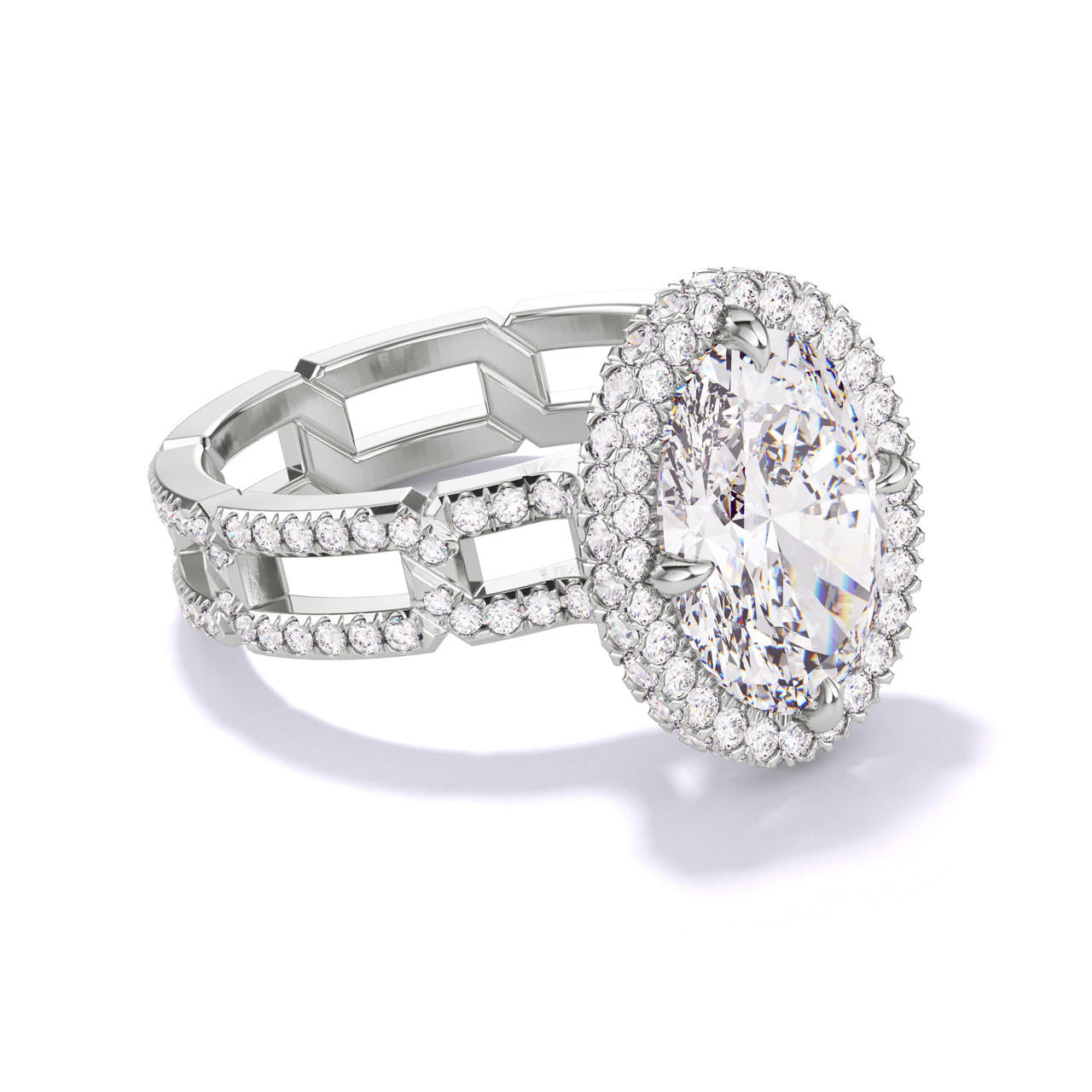 OVAL CUT DIAMOND ENGAGEMENT RING WITH A WRAPPED HALO 8 PAVE LINKS SETTING IN PLATINUM