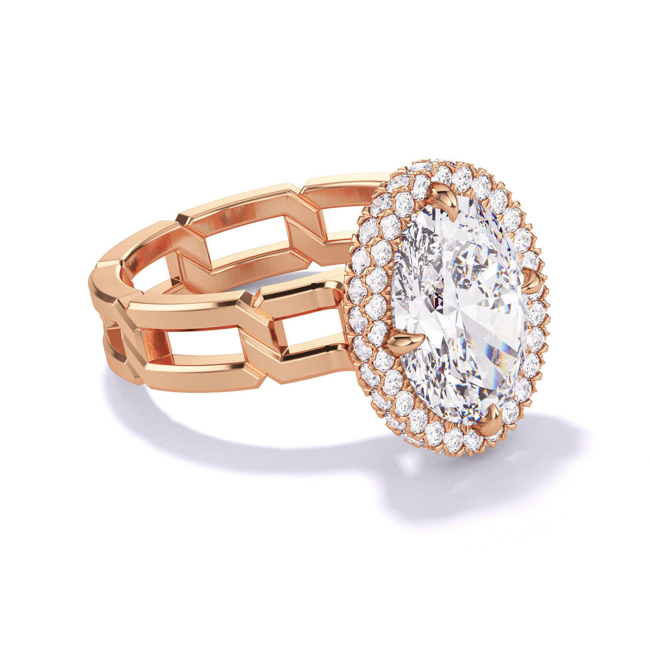 OVAL CUT DIAMOND ENGAGEMENT RING WITH A WRAPPED HALO 8 LINKS SETTING IN 18K ROSE GOLD