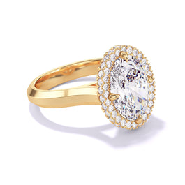 Angled view of the Oval Cut Diamond Engagement Ring with a Wrapped Halo Three Phases Setting in 18K yellow gold.