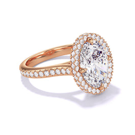 oval cut diamond engagement ring with a wrapped halo three phases pave setting in 18k rose gold