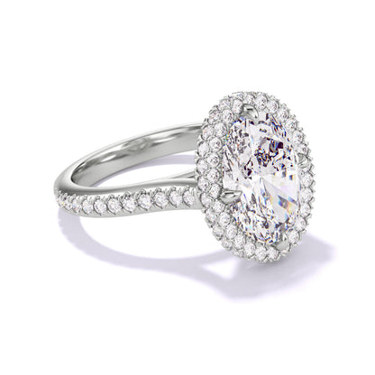 OVAL CUT DIAMOND ENGAGEMENT RING WITH A WRAPPED HALO THREE PHASES PAVE SETTING IN PLATINUM