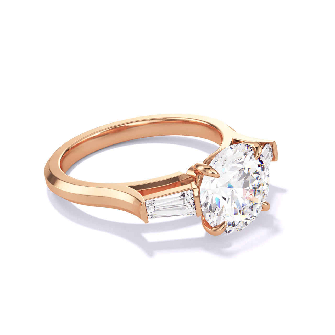 Rose Gold Emerald Cut Trapezoid Flank Engagement Ring on a 16 Link Band